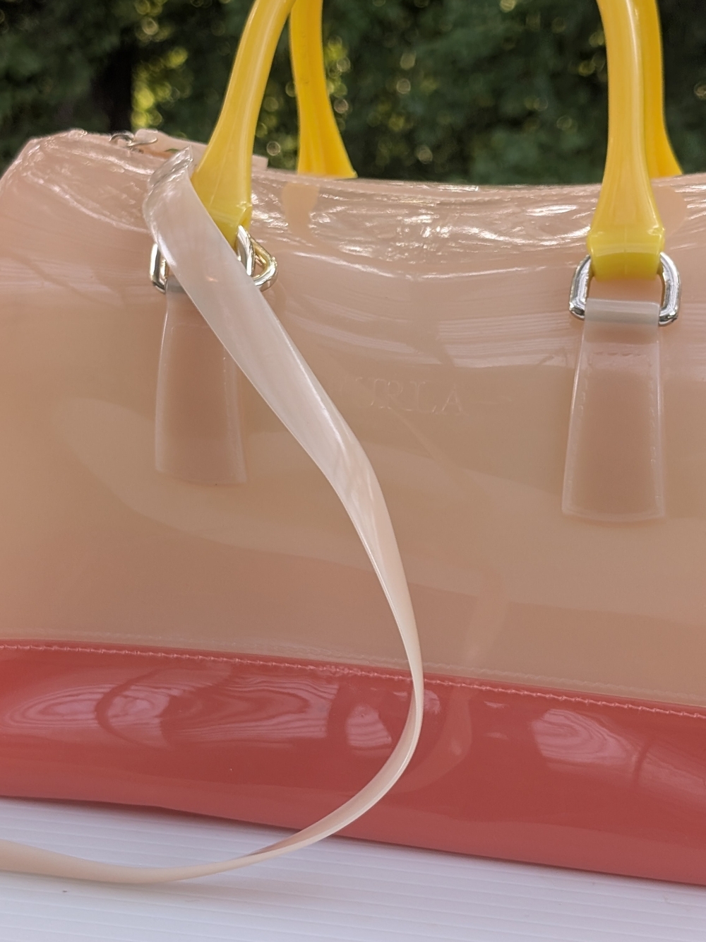 Furla Glossy Peach & Orange Jelly Crossbody with Yellow Handles